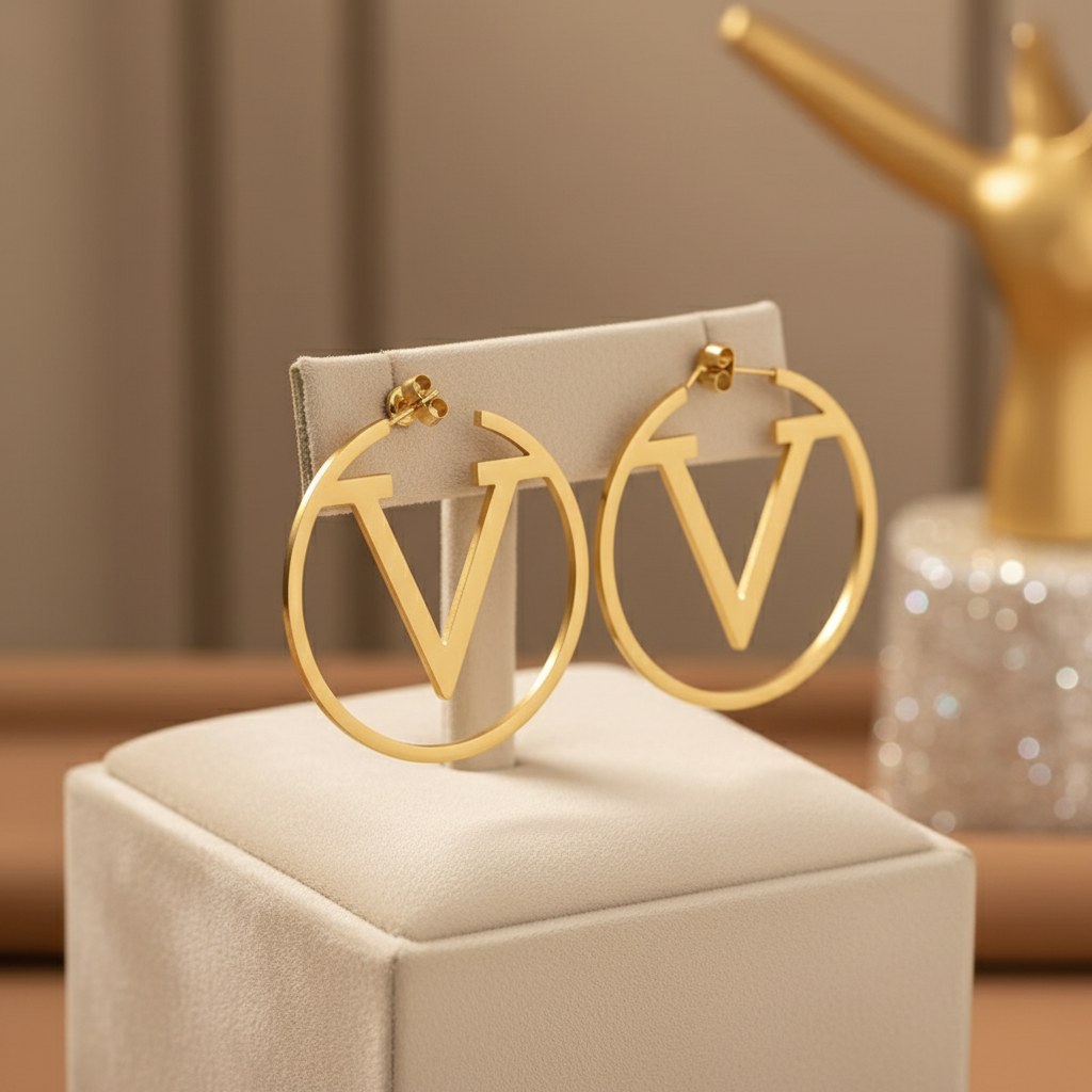 V Initial Hoop Earrings