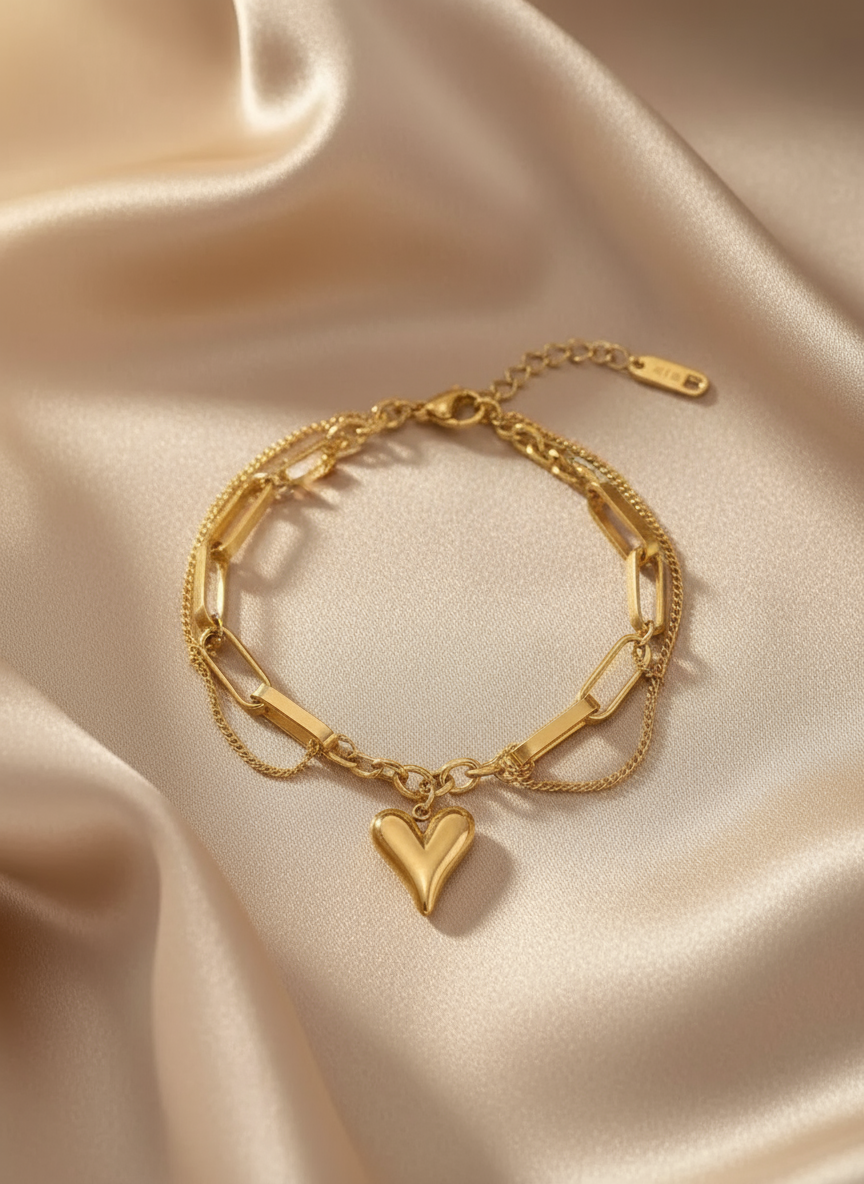 Golden Heart Layered Link Bracelet