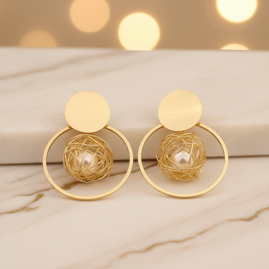 Wire Nest Pearl Hoop Earrings