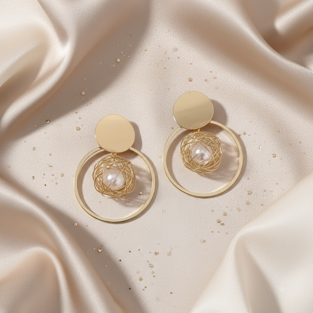 Wire Nest Pearl Hoop Earrings