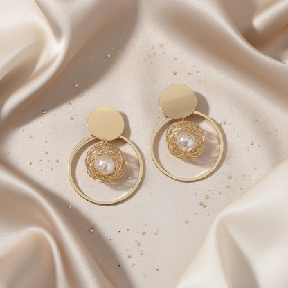 Wire Nest Pearl Hoop Earrings