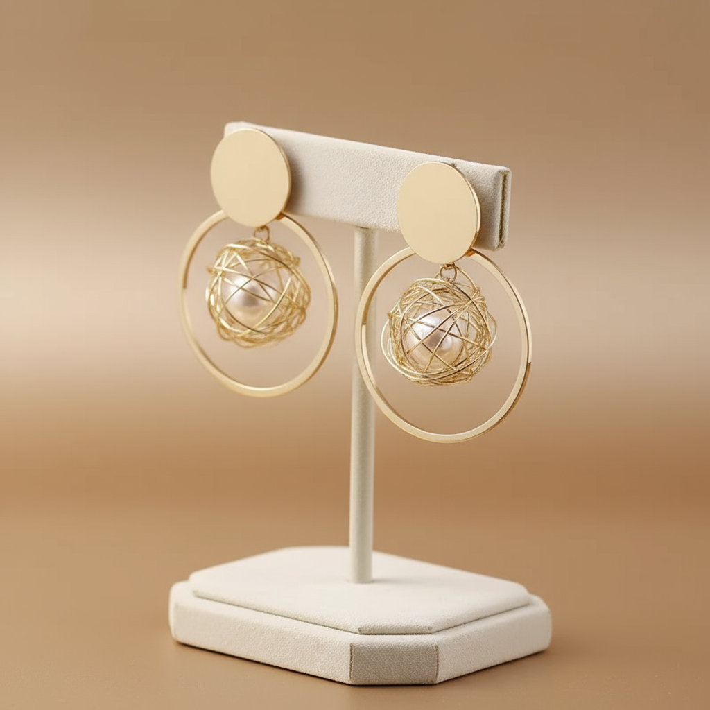 Wire Nest Pearl Hoop Earrings