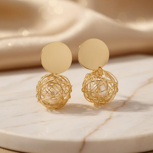 Golden Wire Sphere Pearl Earrings