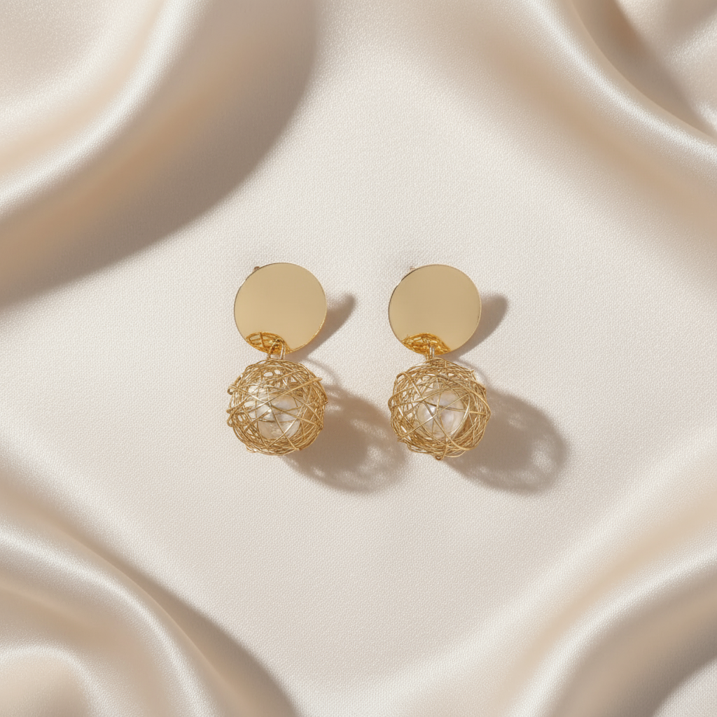 Golden Wire Sphere Pearl Earrings