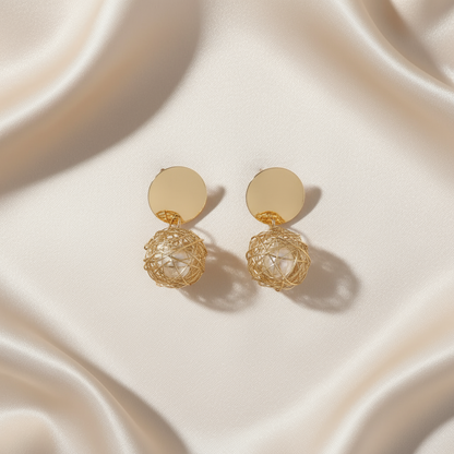 Golden Wire Sphere Pearl Earrings