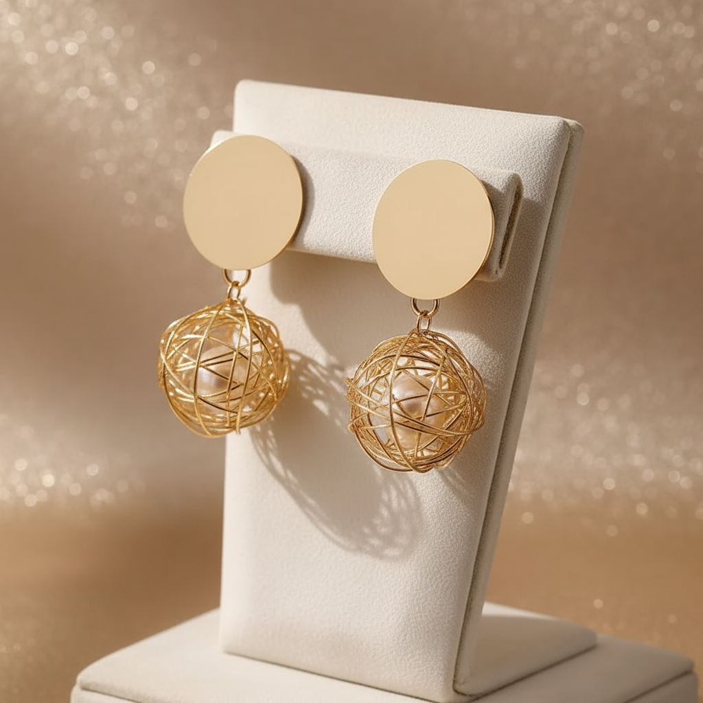 Golden Wire Sphere Pearl Earrings