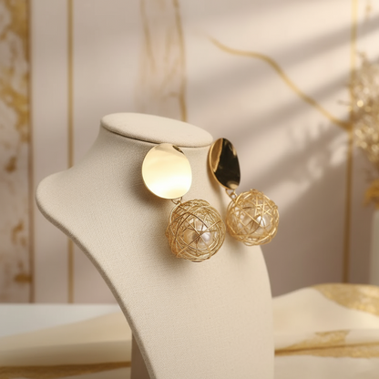 Golden Wire Sphere Pearl Earrings